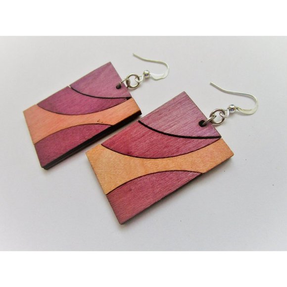 Pink and purple rectangle wooden earring - painted boho earrings stainless posts - Picture 3 of 8